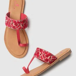 Marc Loire Women Red Embroidered Leather Ethnic One Toe Flats-image-91