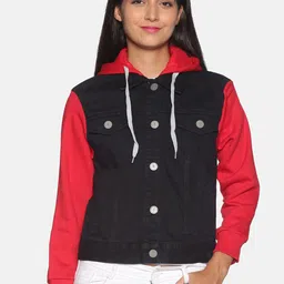 Campus Sutra Women Black Red Colourblocked Windcheater Denim Jacket-image-56