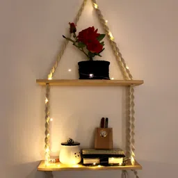 VAH Kya Bat Hai !! Brown Wooden & Macrame 2 Layer Hanging Wall Shelves-54