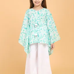 PICCOLO Girls Green Floral Printed Layered Pure Cotton Kurti with Palazzos-picture-11