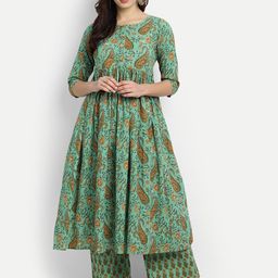 githaan Women Green Floral Printed Pleated Pure Cotton Kurti with Palazzos-picture-35