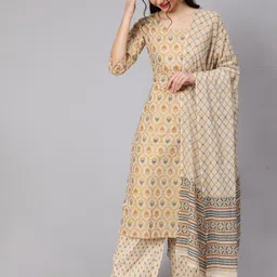 Nayo Women Cream-Coloured & Gold Screen Printed Cotton Straight Kurta Palazzos Dupatta-picture-13