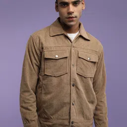 CHKOKKO Men Washed Colourblocked Corduroy Crop Denim Jacket with Patchwork-0