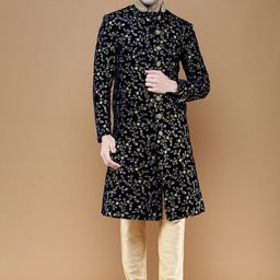 Sanwara Velvet Floral Embroidered Sherwani & Pyjamas-image-61
