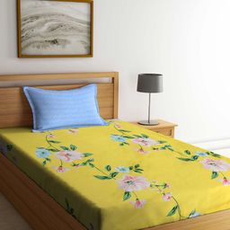 KLOTTHE Yellow & Light Blue Floral Printed 300TC Single Fitted Bedsheet With Pillow Cover-image-43