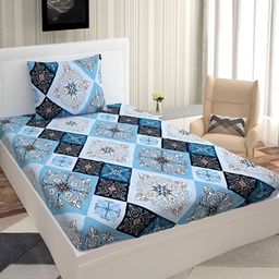 DECOR VATIKA Blue Ethnic Motifs 144 TC Single Fitted Bedsheet with Pillow Cover-image-140