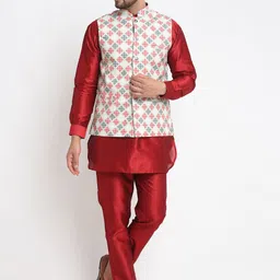 Benstoke Men Maroon Ethnic Motifs Printed Dupion Silk Kurta with Pyjamas and nehru jacket-picture-5