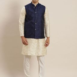 SOJANYA Men Cream-Coloured Ethnic Motifs Embroidered Kurta with Pyjamas & Nehru Jacket-0