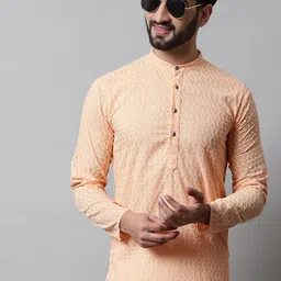 Jompers Men Orange Embroidered Chikankari Pure Cotton Kurta with Pyjamas-picture-50