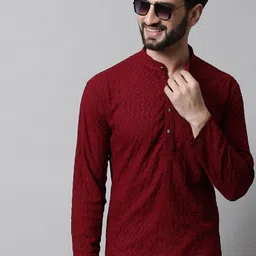 Jompers Men Maroon Embroidered Chikankari Pure Cotton Kurta with Pyjamas-24