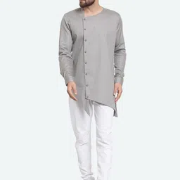 RG DESIGNERS Men Grey Embroidered Angrakha Pure Cotton Kurta with Pyjamas-image-43