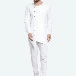 RG DESIGNERS Men White Embroidered Pleated Pure Cotton Kurti with Pyjamas-image-79