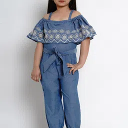 Bitiya by Bhama Girls Blue & White Off-Shoulder Basic Jumpsuit with Ruffles-picture-21