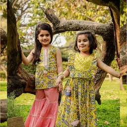 LIL DRAMA Girls Yellow Floral Printed Tiered Pure Cotton Kurti with Sharara-image-31