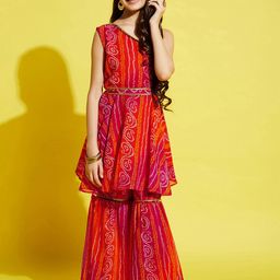 Cherry & Jerry Girls Orange & Pink Bandhani Printed A-Line Kurta with Sharara-image-63