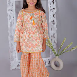 Ka-mee Girls Floral Printed Reular Pure Cotton Kurta With Sharara-image-20