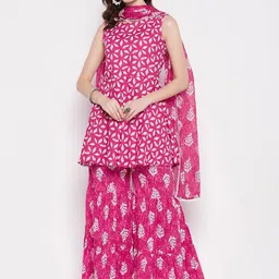 Imfashini Floral Printed Empire Pure Cotton A-Line Kurti with Sharara & Dupatta-picture-9