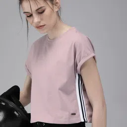 Roadster Women Pink Solid Round Neck Crop Pure Cotton T-shirt with Side Tape Detail-image-73