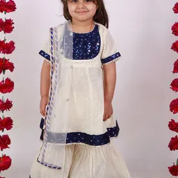 Little Bansi Girls Cream-Coloured Ethnic Motifs Pure Cotton Kurta with Sharara & Dupatta-picture-54