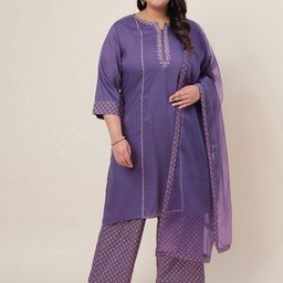 KALINI Plus Size Floral Embroidered Kurta With Trousers & Dupatta-image-10