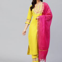 KALINI Women Yellow Straight Kurta with Trouser & Dupatta-picture-1