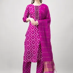ARADHNA Women Ethnic Motifs Printed Regular Patchwork Kurta with Trousers & With Dupatta-9