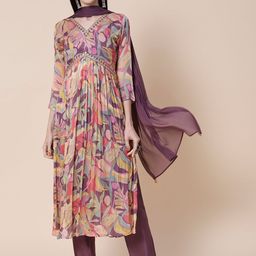 FASHOR Floral Printed Pleated Kurta With Trousers & Dupatta-picture-2