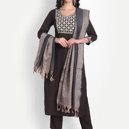 V TRADITION Women Brown Yoke Design Mirror Work Kurta with Trousers & With Dupatta-image-9