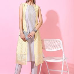 Vishudh Women Yellow & Grey Ethnic Motifs Kurta with Trouser and Jacket-57