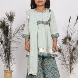 Little Bansi Girls Mint Green & Grey Pleated Zardozi Kurta with Palazzos & Dupatta-image-33