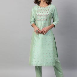 STREET 9 Women Green Ethnic Motifs Embroidered Kurta with Trousers-picture-49