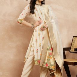 SERONA FABRICS Floral Woven Design Chanderi Cotton Kurta & Trousers With Dupatta-image-110