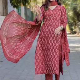KALINI Floral Block Printed Straight Pure Cotton Kurta with Trousers & Dupatta-image-33