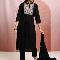 Vishudh Black Paisley Embroidered Pure Cotton A-Line Kurta with Trousers & Dupatta-56