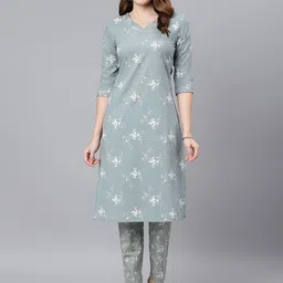 Idalia Women Grey & White Floral Printed Regular Pure Cotton Kurta with Trousers-image-60