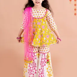 pspeaches Girls Yellow Floral Printed Empire Pure Cotton Kurti with Sharara & With Dupatta-picture-48