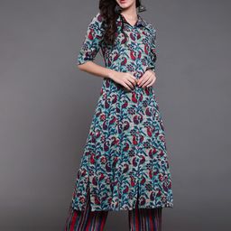 antaran Women Green Floral Printed Pure Cotton Kurta with Trousers-picture-35