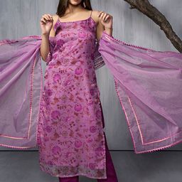 Inddus Floral Printed Regular Gotta Patti Organza Kurta With Trousers & Dupatta-picture-14