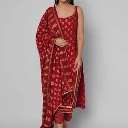 KALINI Women Red Ethnic Motifs Embroidered Gotta Patti Kurti with Trousers & With Dupatta-24