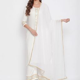 Bitterlime Women White Yoke Design Layered Gotta Patti Kurti with Trousers & With Dupatta-49