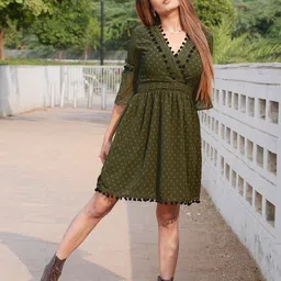 STREET 9 Olive Green Textured Embroidered Chiffon Wrap Dress with flared sheer Sleeves-image-76