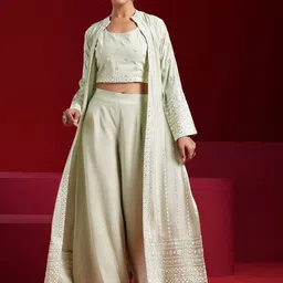 Libas Art Floral Embroidered Crop Top With Shrug & Palazzos-20