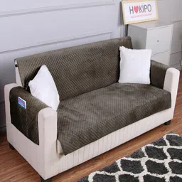 HOKIPO Brown Solid Velvet 2 Seater Sofa Cover With Arms-picture-35