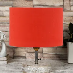 Devansh Orange & White Textured Cotton Table Lamp With Wood Base-29