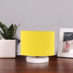 Devansh Yellow & White Textured Cotton Table Lamp With Wooden Base-55