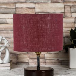 Devansh Maroon Jute Table Lamp with Brown Wood Base-15
