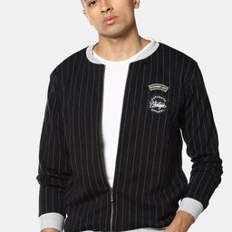 Campus Sutra Men Black Striped Windcheater Bomber with Patchwork Jacket-image-99