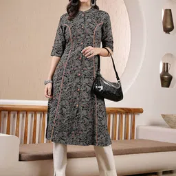 Stylum Black Paisley Printed Band Collar Roll-Up Sleeves A-Line Kurta-image-59