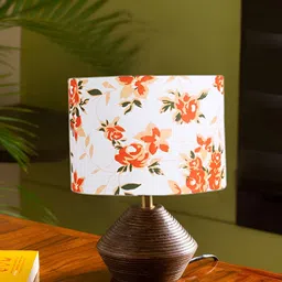 Devansh Brown & White Printed Wooden Traditional Cylinder Shaped Table Lamp-32