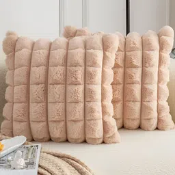 TANLOOMS Beige Checked Velvet Square Cushion Covers-15